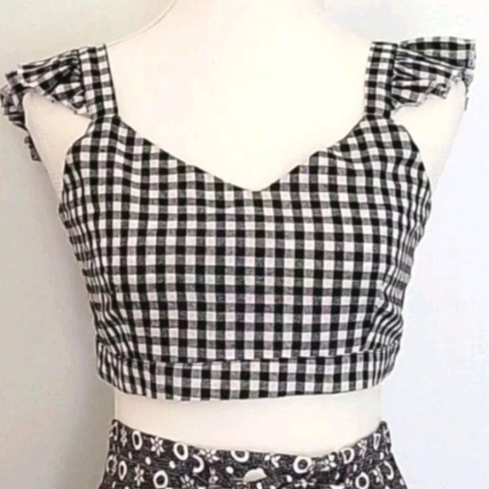 Vintage Cottagecore Boho Gingham Black White Ecru Crop Top Flutter Detail Small